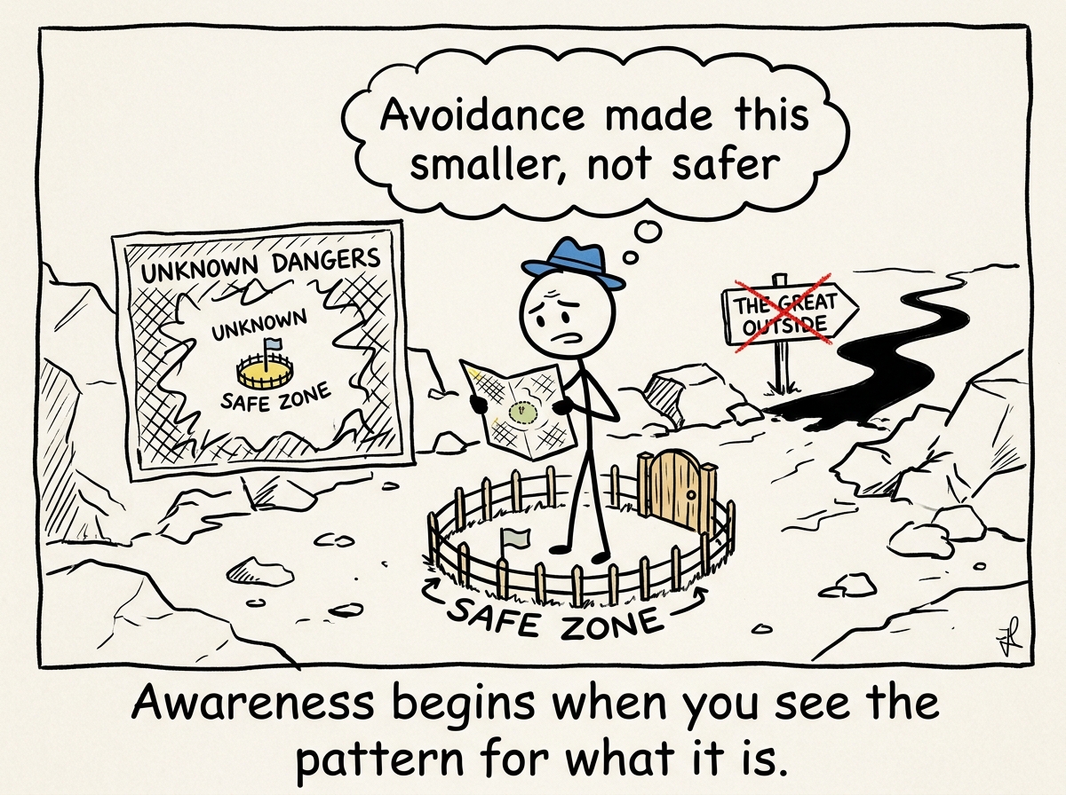 A stick figure looking at a map of their tiny safe zone and noticing how small it has become, with a thought bubble reading 'Avoidance made this smaller, not safer'
