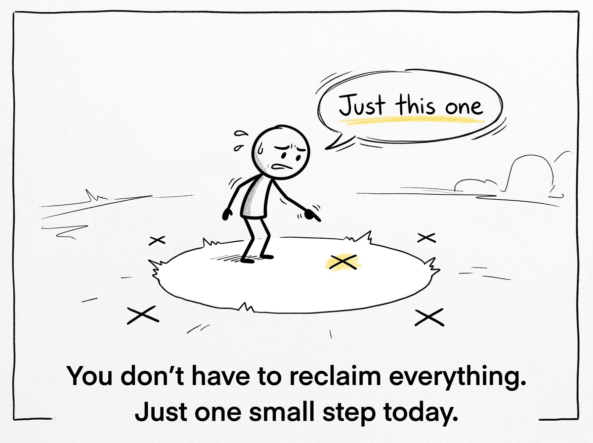 The stick figure standing at the edge of the tiny circle, choosing one small X mark nearby and whispering 'Just this one' while visibly anxious but determined