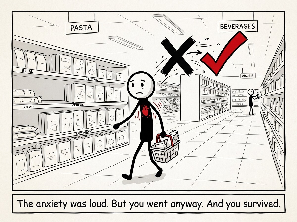 The stick figure at a grocery store during off-peak hours, heart racing but present, the X mark behind them turning into a checkmark