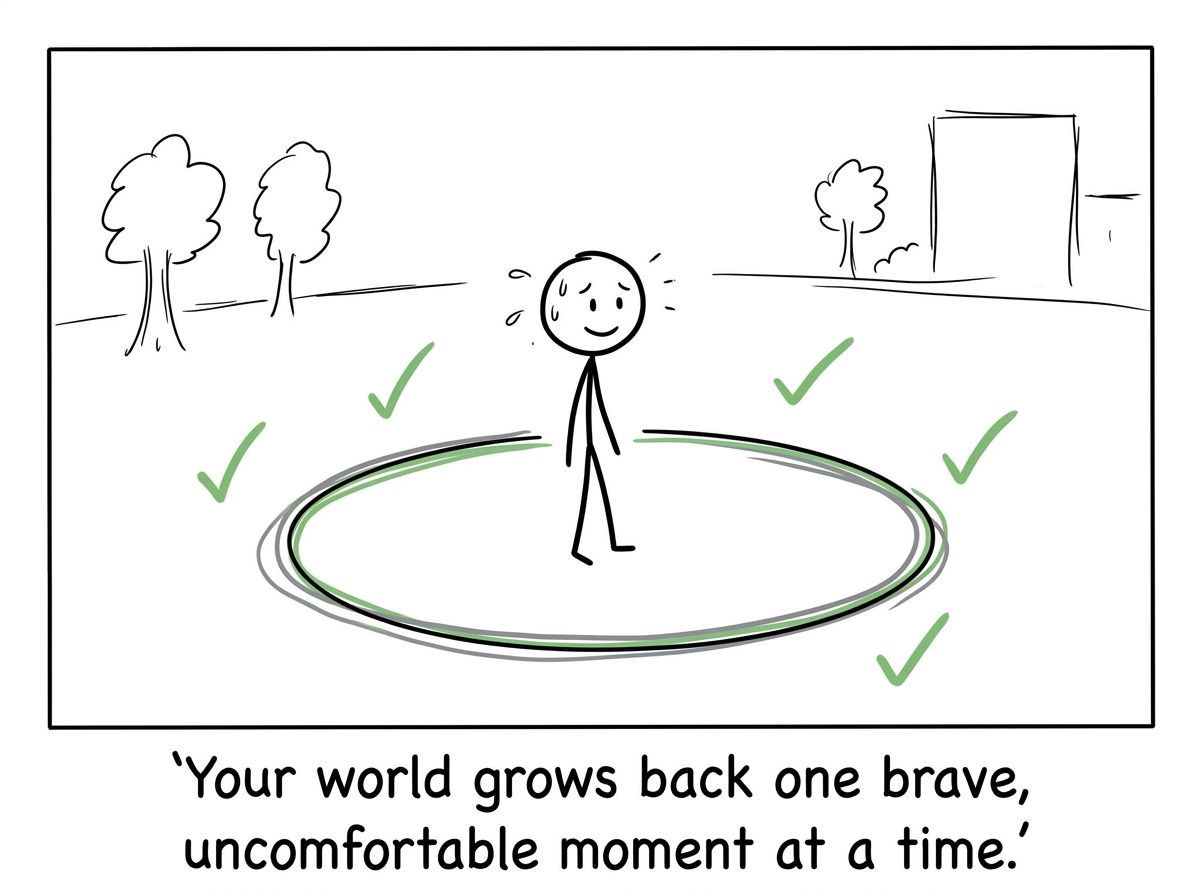 The stick figure standing in a slightly larger safe zone with several checkmarks around them, still nervous but with more room to breathe
