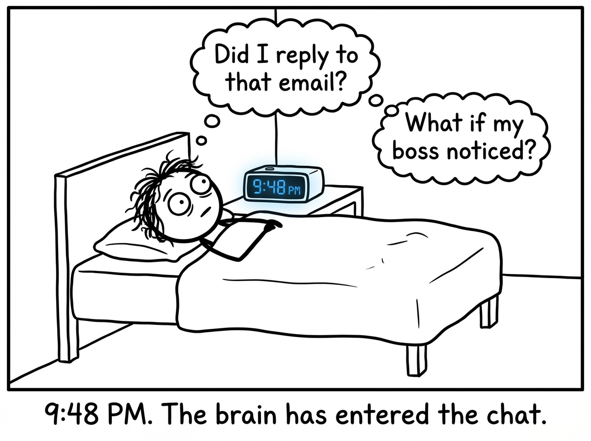 The stick figure's eyes snap open as a thought bubble appears: 'Did I reply to that email?' which immediately spawns another bubble: 'What if my boss noticed?'