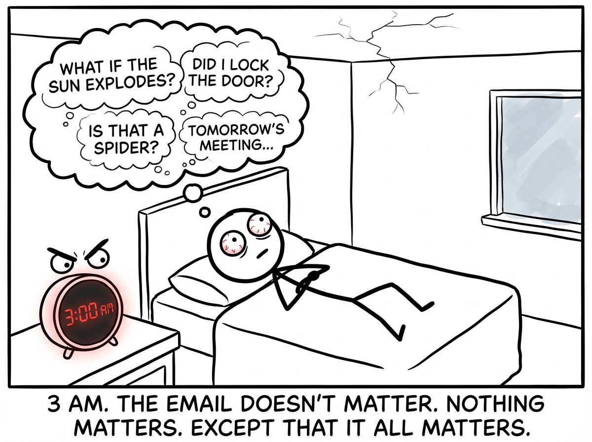 The stick figure staring at the ceiling at 3 AM with bloodshot eyes, the thought bubbles now including absurd additions like 'What if the sun explodes?' while the alarm clock glares at them menacingly