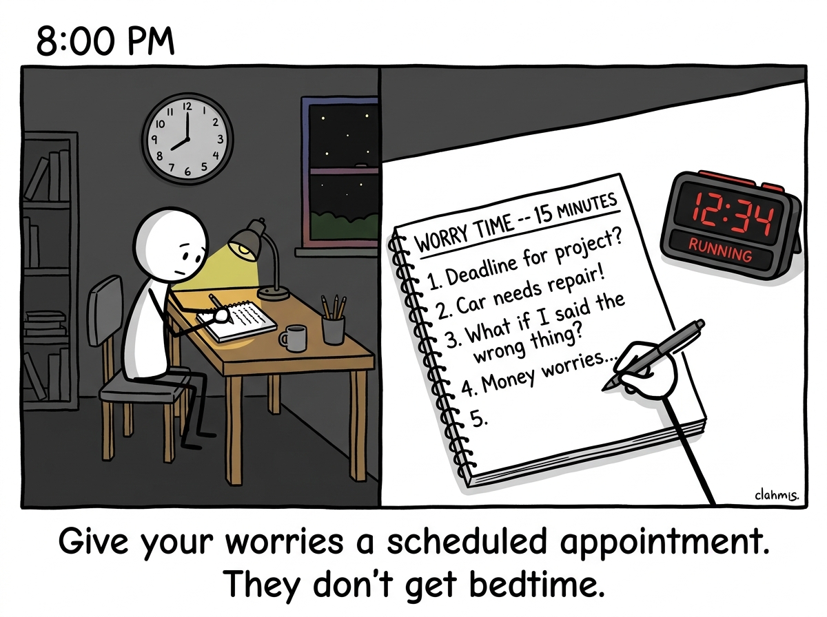 A stick figure sitting at a desk at 8 PM with a notebook open, writing down worries under a heading that says 'Worry Time -- 15 minutes' with a timer running