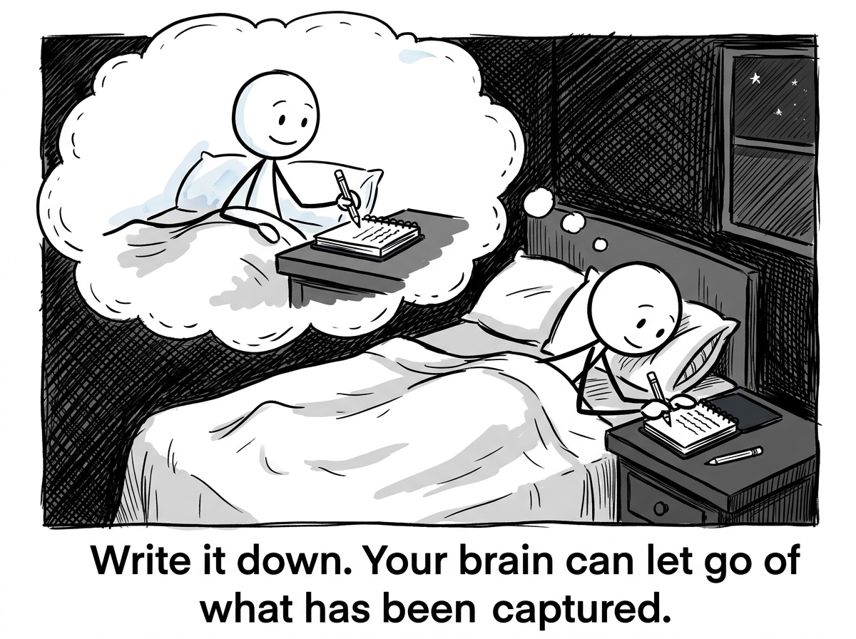 The stick figure in bed as a 'what if' thought bubble appears, calmly writing it in a small notebook on the nightstand and closing it