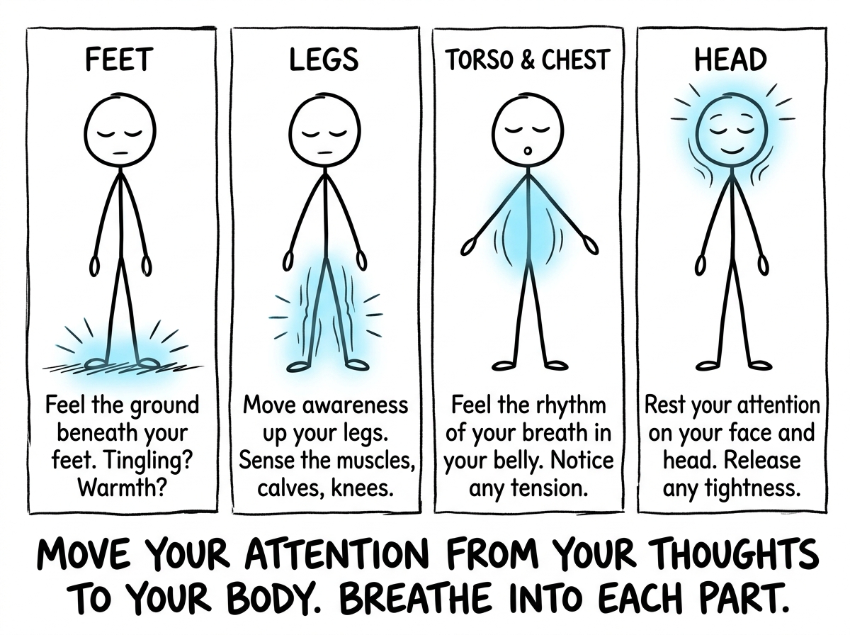 The stick figure doing a body scan, attention moving slowly from their feet upward, thought bubbles replaced by gentle awareness of physical sensations