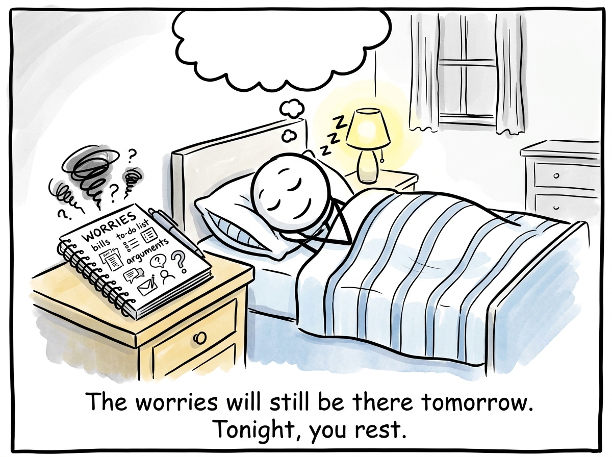 The stick figure peacefully drifting to sleep, the notebook on the nightstand holding the worries so their brain doesn't have to