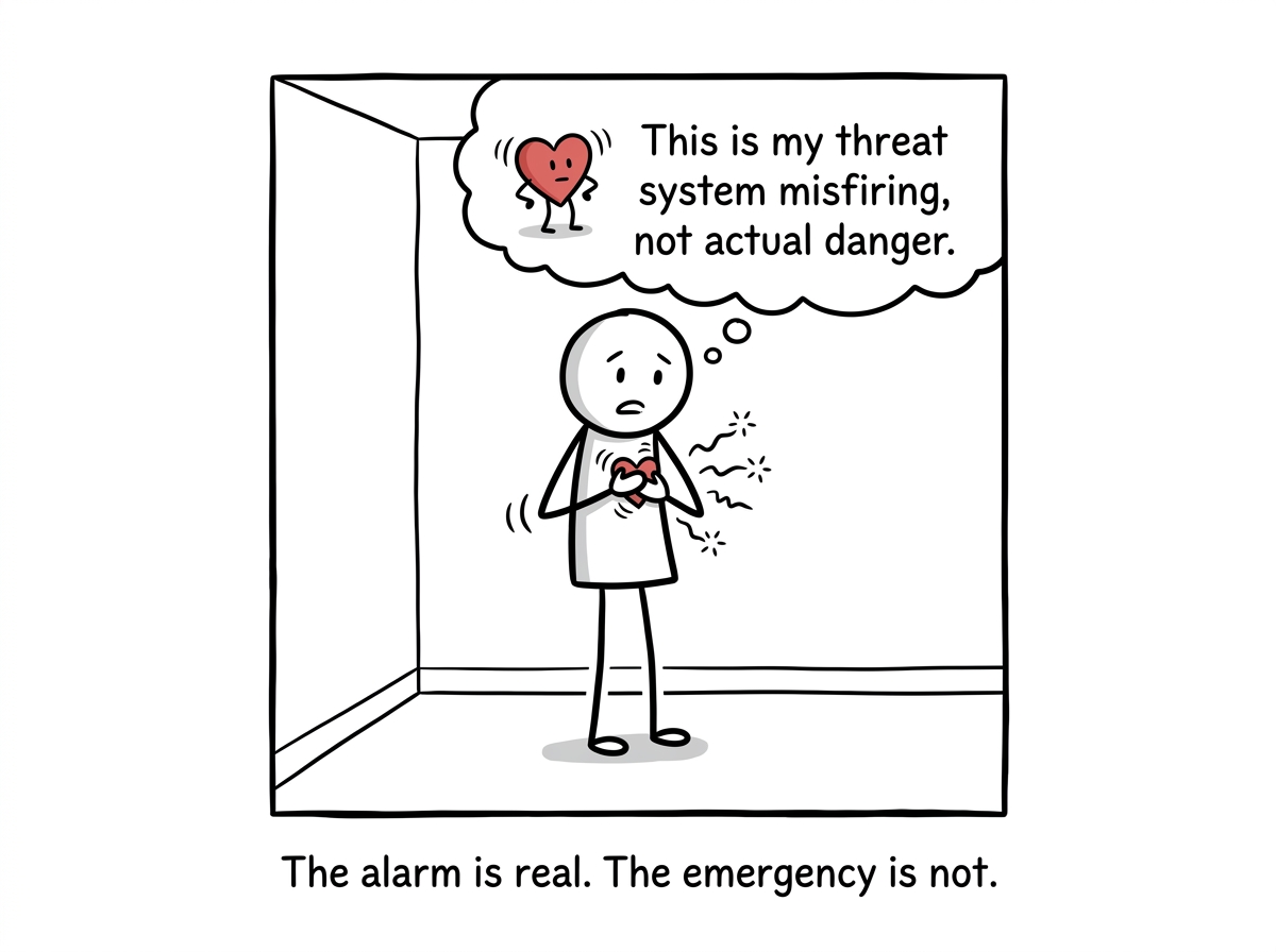 A stick figure notices their heart racing and names it: 'This is my threat system misfiring, not actual danger'