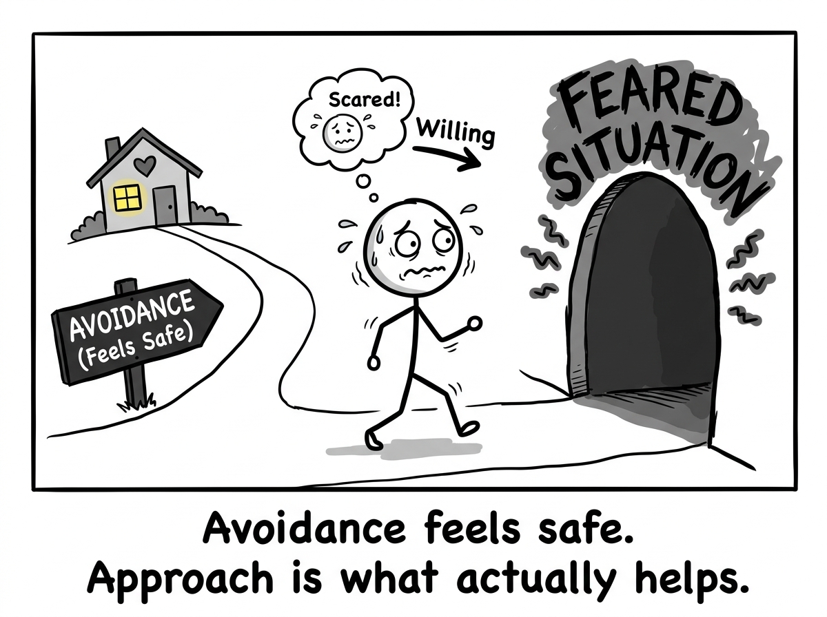 The stick figure choosing to approach a feared situation instead of avoiding it, looking scared but willing