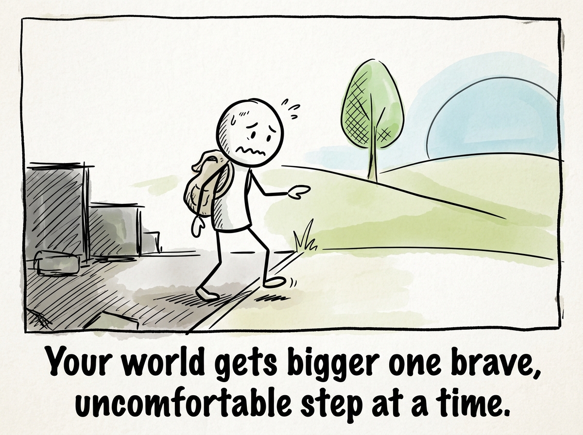 The stick figure in a slightly larger world than before, one reclaimed space at a time, still anxious but moving