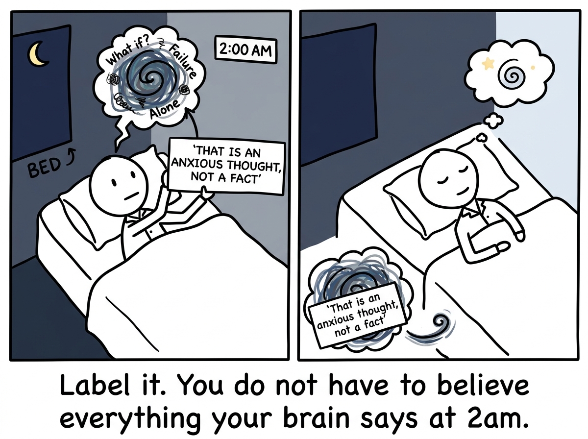 The stick figure labeling the thought 'That is an anxious thought, not a fact' and choosing not to follow it down the spiral