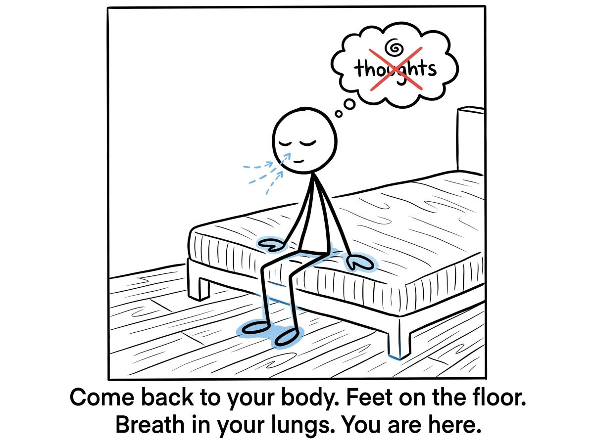 The stick figure placing feet on the ground, hands on the mattress, taking a slow breath -- redirecting from thoughts to physical sensations