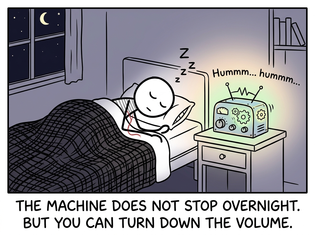 The stick figure drifting off to sleep with the what-if machine still humming faintly but no longer in control