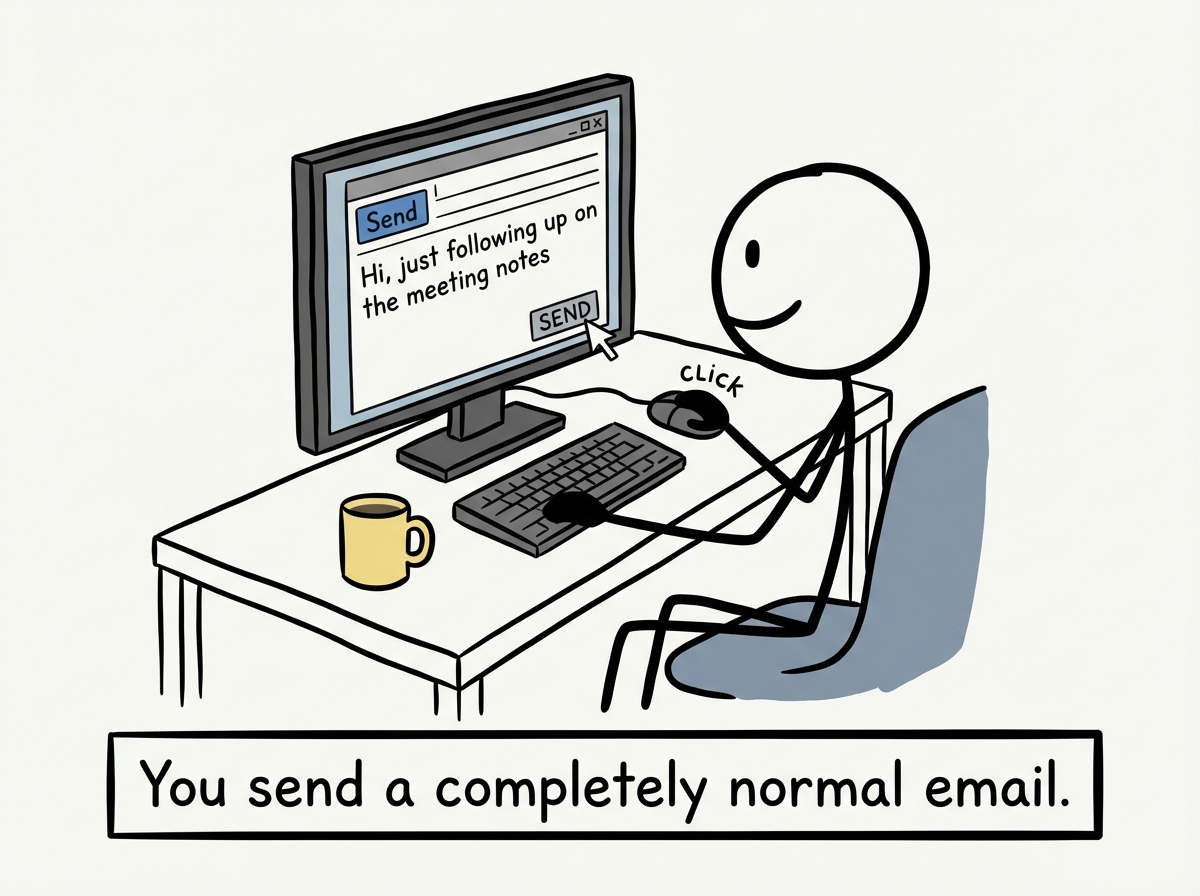 A stick figure at a desk, smiling and clicking send on a normal work email that reads 'Hi, just following up on the meeting notes'