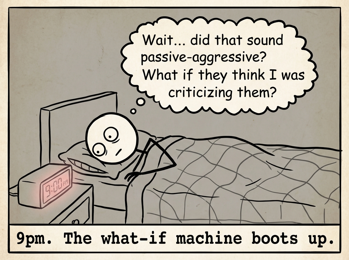 The stick figure in bed, eyes wide open, with a thought bubble reading 'Wait... did that sound passive-aggressive? What if they think I was criticizing them?'
