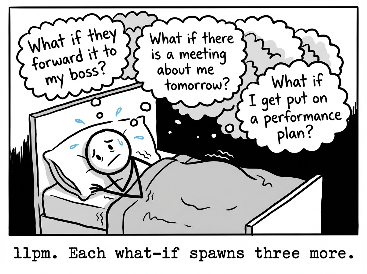 The stick figure gripping the sheets with thought bubbles multiplying: 'What if they forward it to my boss?' 'What if there is a meeting about me tomorrow?' 'What if I get put on a performance plan?'