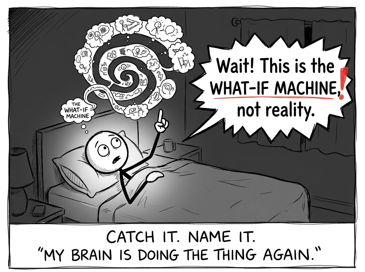 A stick figure in bed noticing the what-if spiral starting and mentally flagging it: 'This is the what-if machine, not reality'