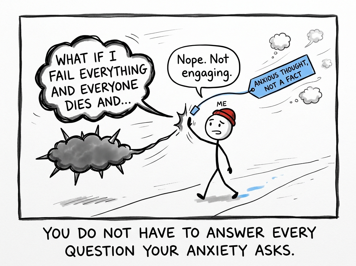 The stick figure choosing not to answer the what-if, instead labeling it: 'Anxious thought, not a fact' and letting it float past