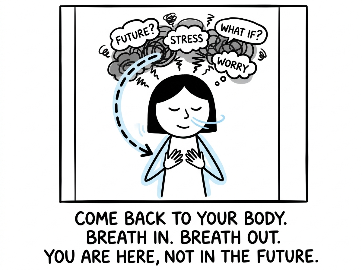 The stick figure placing their hands on their chest and focusing on their breath, pulling attention from spiraling thoughts into the body