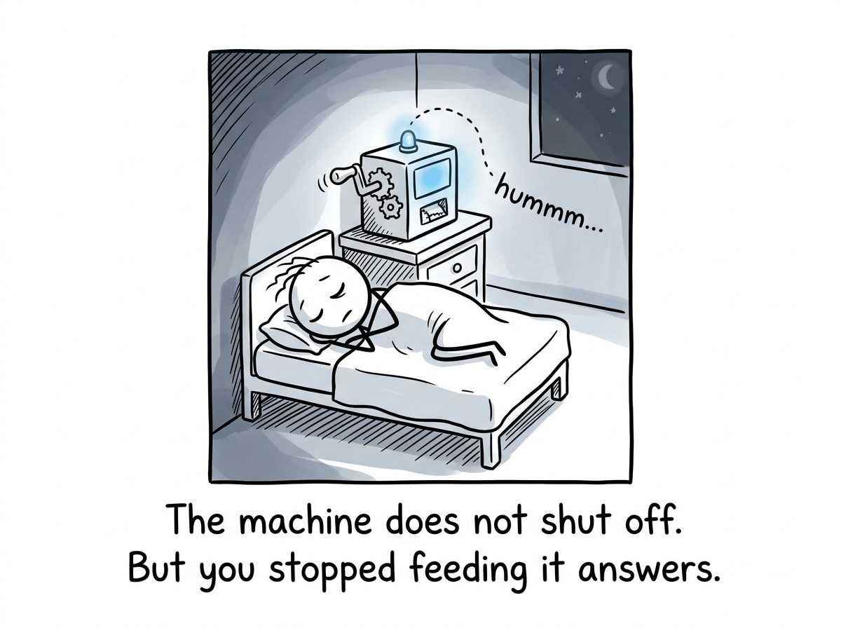 The stick figure drifting off to sleep, the what-if machine still humming softly but no longer in the driver's seat