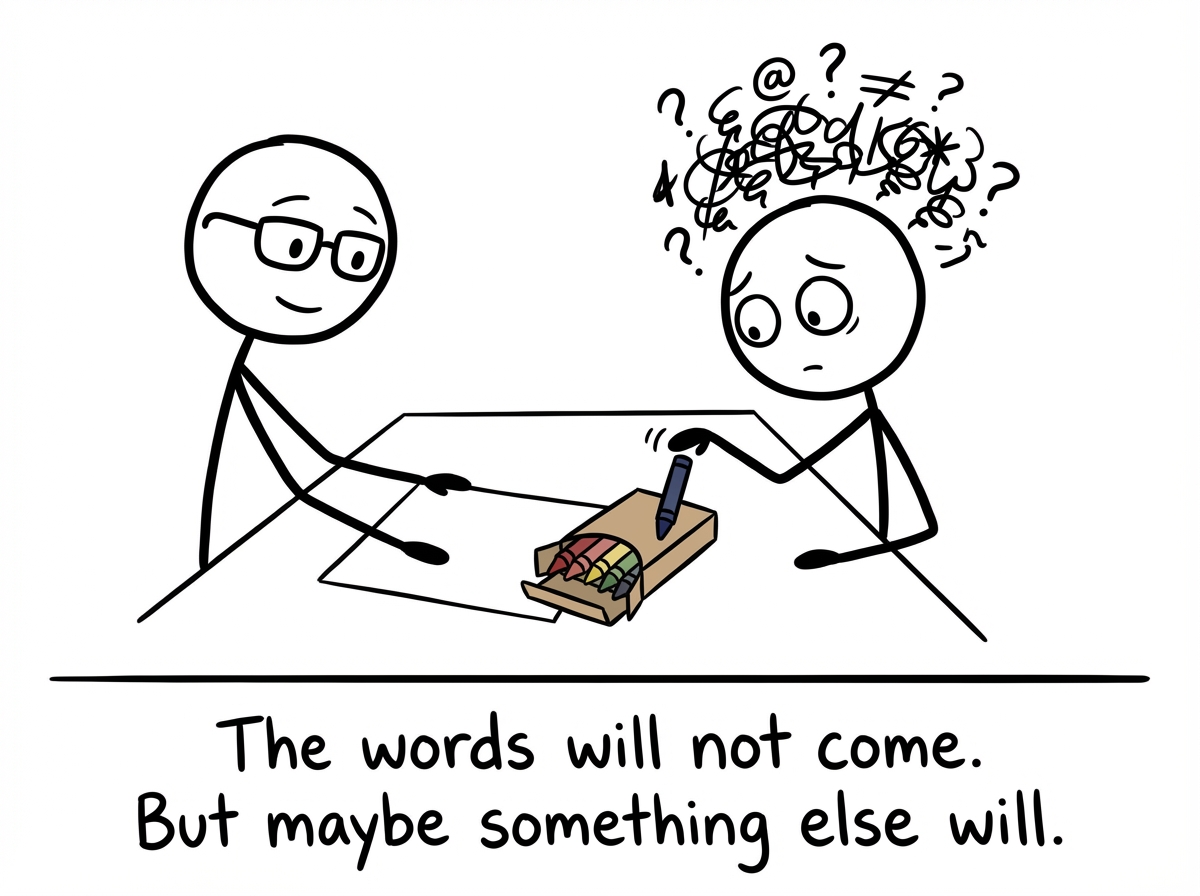 The therapist gently slides a blank sheet of paper and a box of crayons across the table toward the stick figure. The figure looks down at the crayons with uncertainty, one hand hesitantly reaching toward a dark blue crayon. The jumbled symbols above their head are still swirling, but their eyes are drawn to the paper.