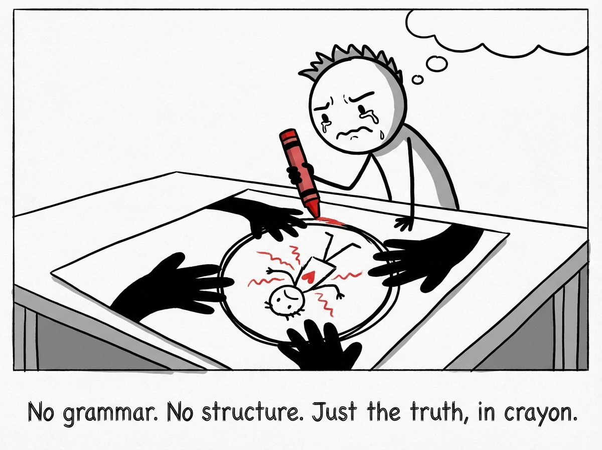 The stick figure is drawing intensely. On the paper, they have drawn a small figure standing alone inside a giant dark circle, surrounded by large looming shadows with reaching hands. Red scribbles radiate from the small figure's chest like pain made visible. The drawer's face is focused and tearful, fully absorbed. The jumbled symbols above their head have vanished, replaced by a quiet stillness.