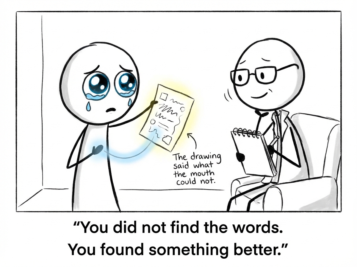 The stick figure holds up the drawing and looks at it with wide, wet eyes. The therapist looks at it too, nodding with understanding. Between them, a faint glowing line connects the drawing to the figure's chest, as if something that was trapped inside has finally found its way out. A small label reads 'The drawing said what the mouth could not.'