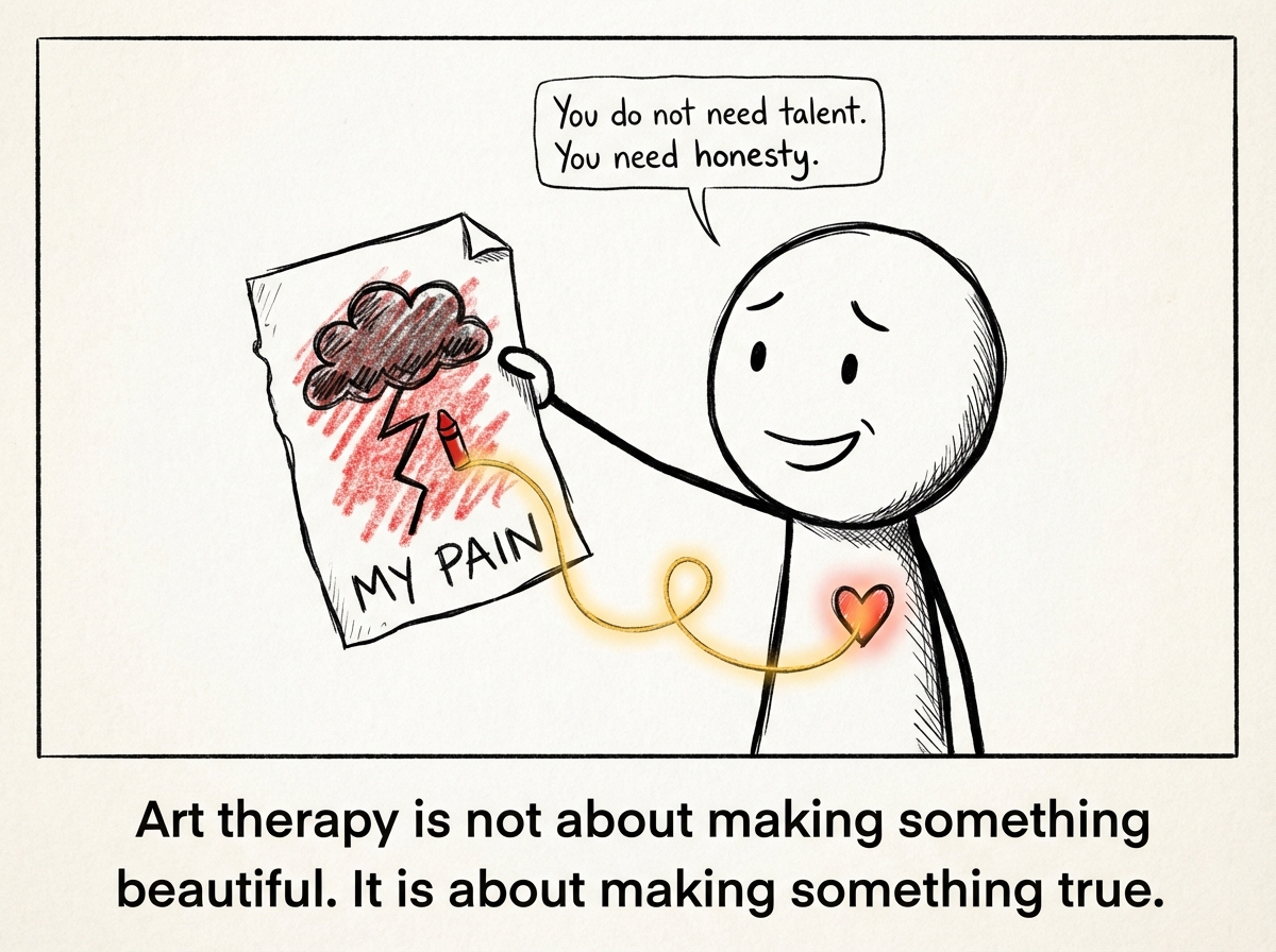 A stick figure holding a simple crayon drawing of their pain, with a glowing thread connecting the drawing to their heart, looking relieved for the first time. A label reads 'You do not need talent. You need honesty.'