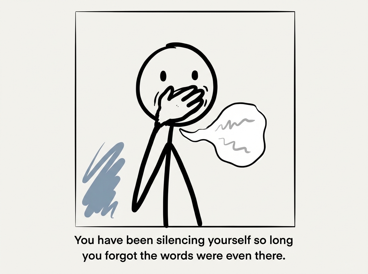 A stick figure with a speech bubble forming in their throat but a hand clamped over their own mouth