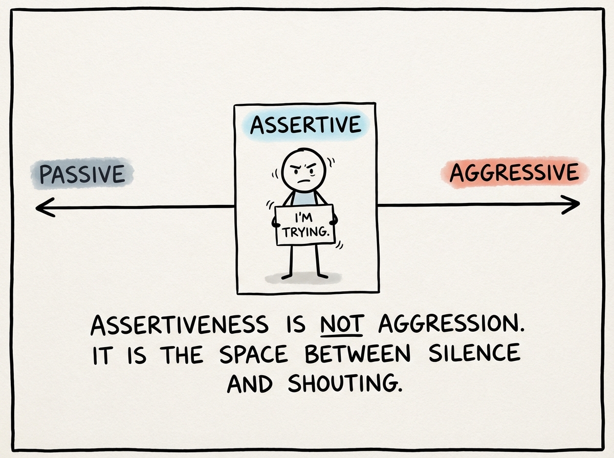 A spectrum diagram showing Passive on one end, Aggressive on the other, and Assertive in the middle -- the stick figure standing nervously in the middle zone