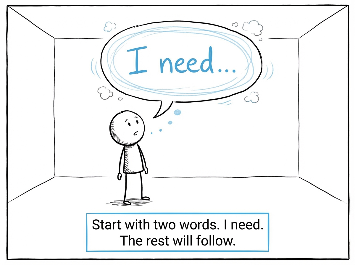 The stick figure practicing a simple sentence out loud: 'I need...' -- the words feel foreign but real
