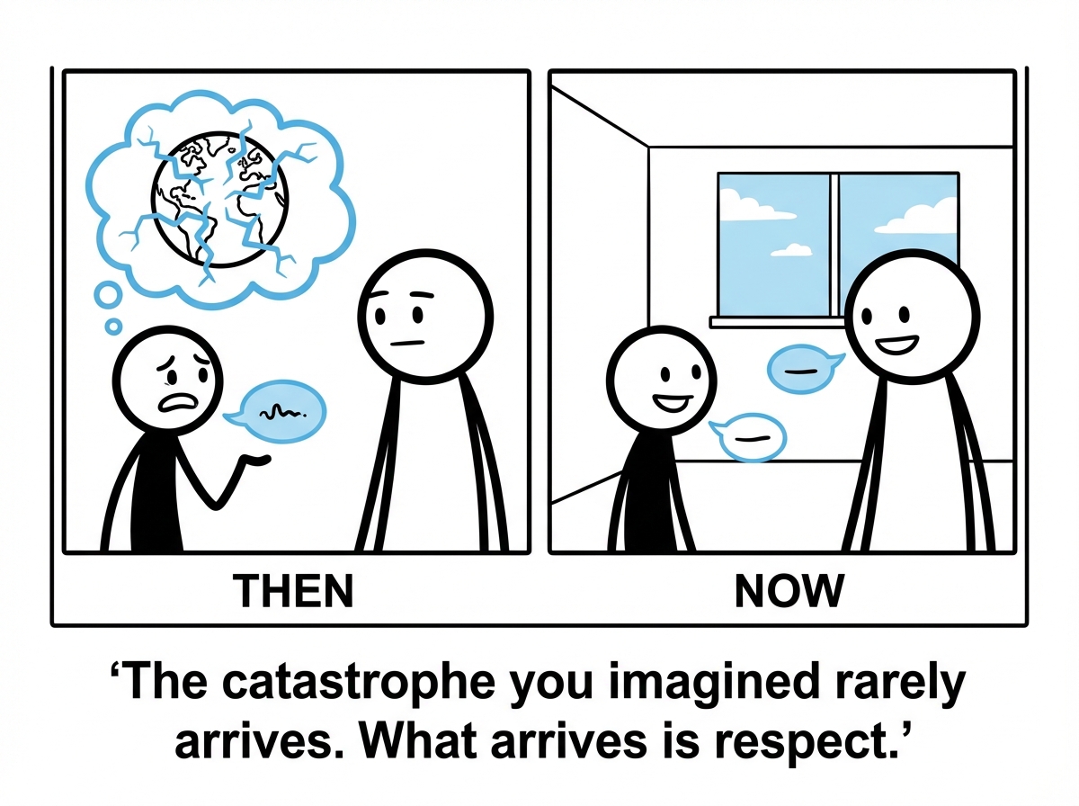 The stick figure after speaking up, the other person responding calmly, the world not ending
