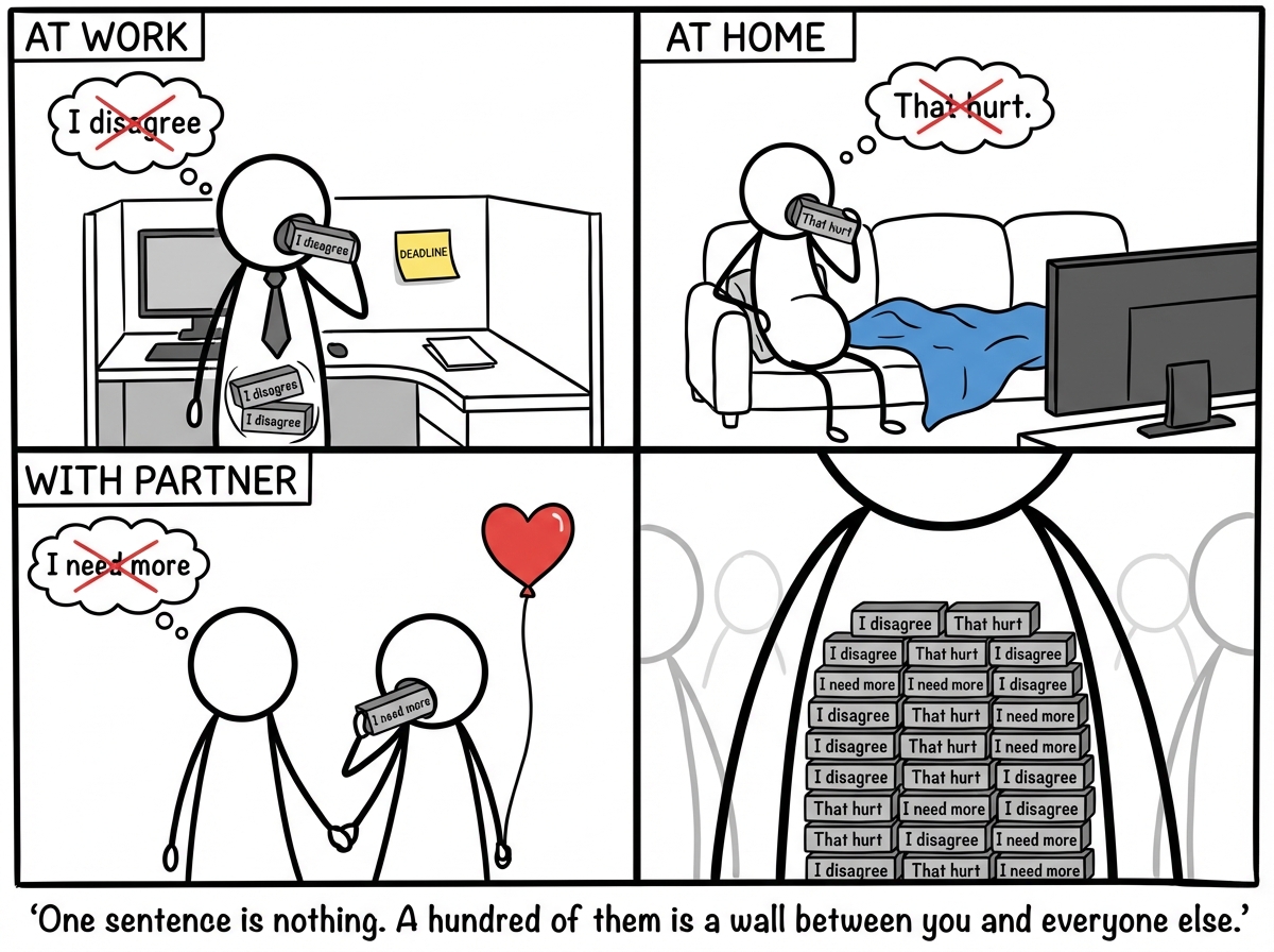A montage: the stick figure at work swallowing 'I disagree,' at home swallowing 'That hurt,' with a partner swallowing 'I need more.' Each one becomes a block stacking up inside their torso.