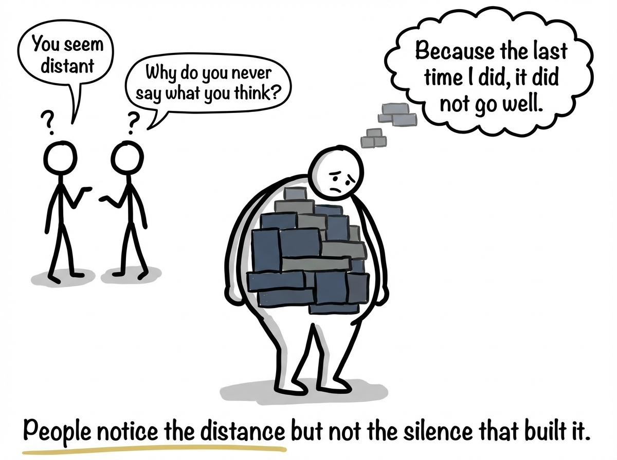 The stick figure now visibly heavy, hunched over, full of stacked blocks. Others around them say 'You seem distant' and 'Why do you never say what you think?' The stick figure thinks: 'Because the last time I did, it did not go well.'