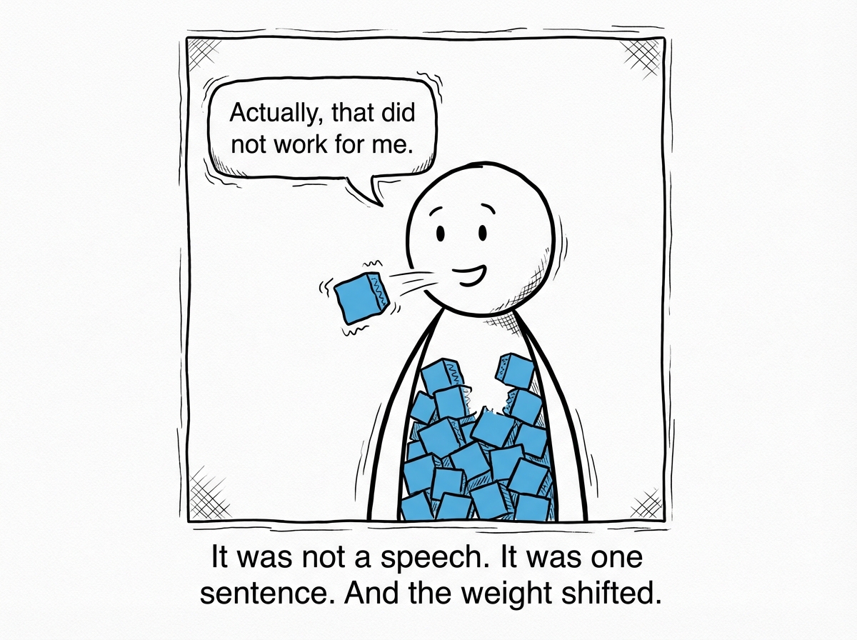 The stick figure finally letting one sentence out -- just one small block emerging from their mouth: 'Actually, that did not work for me.' It is shaky and imperfect. But the pile inside gets one block lighter.