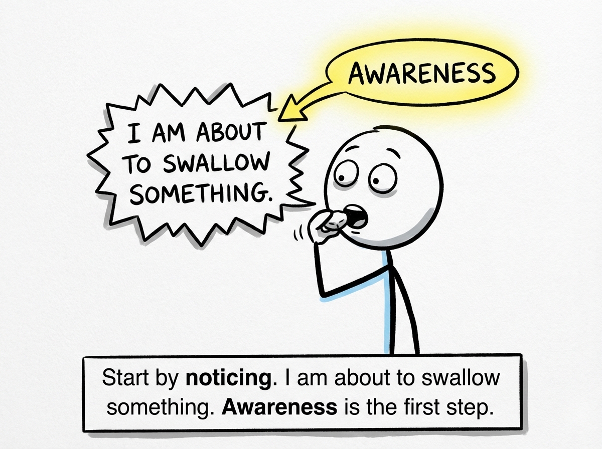 A stick figure noticing the moment they are about to swallow a sentence -- catching it in real time