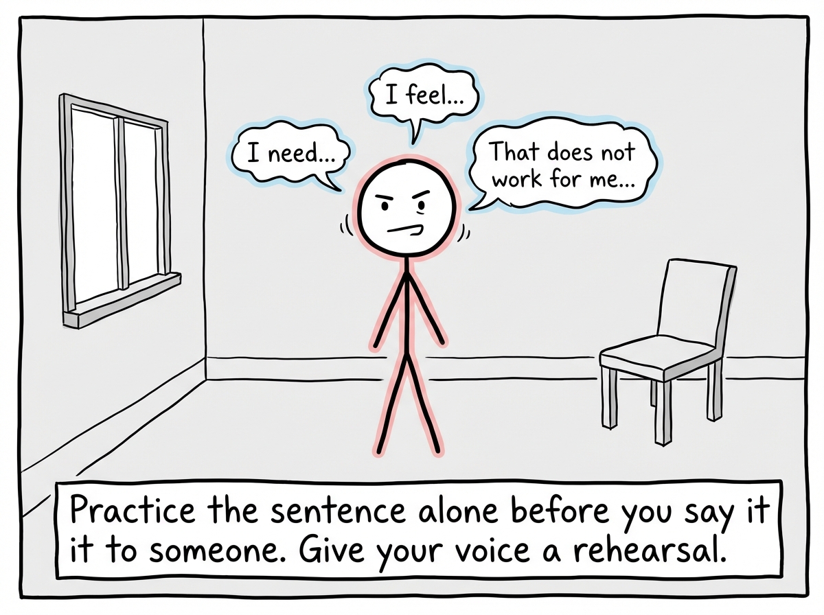 The stick figure practicing the sentence alone first: 'I need...' 'I feel...' 'That does not work for me...' -- small and shaky but spoken