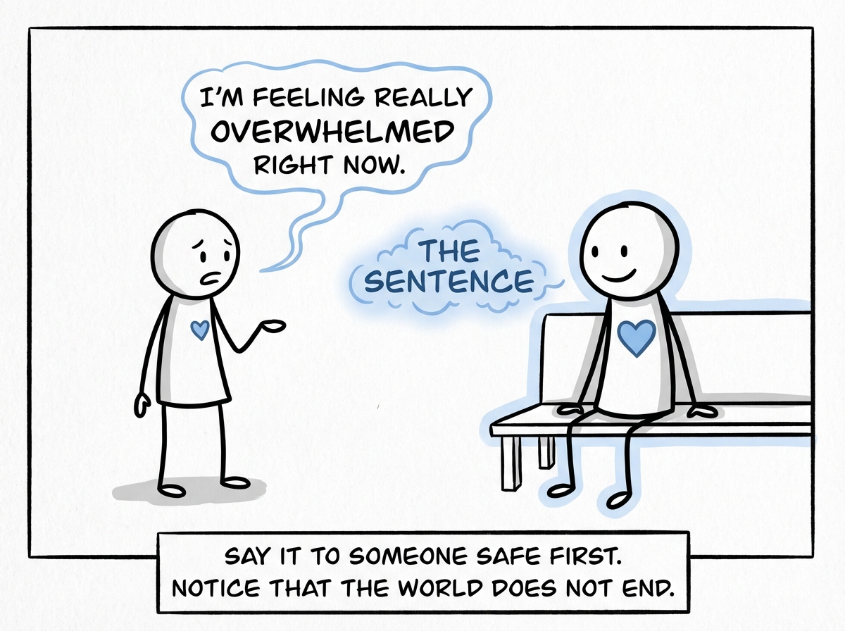 The stick figure saying the sentence to a safe person -- a friend who listens. The sentence lands gently. Nobody dies.
