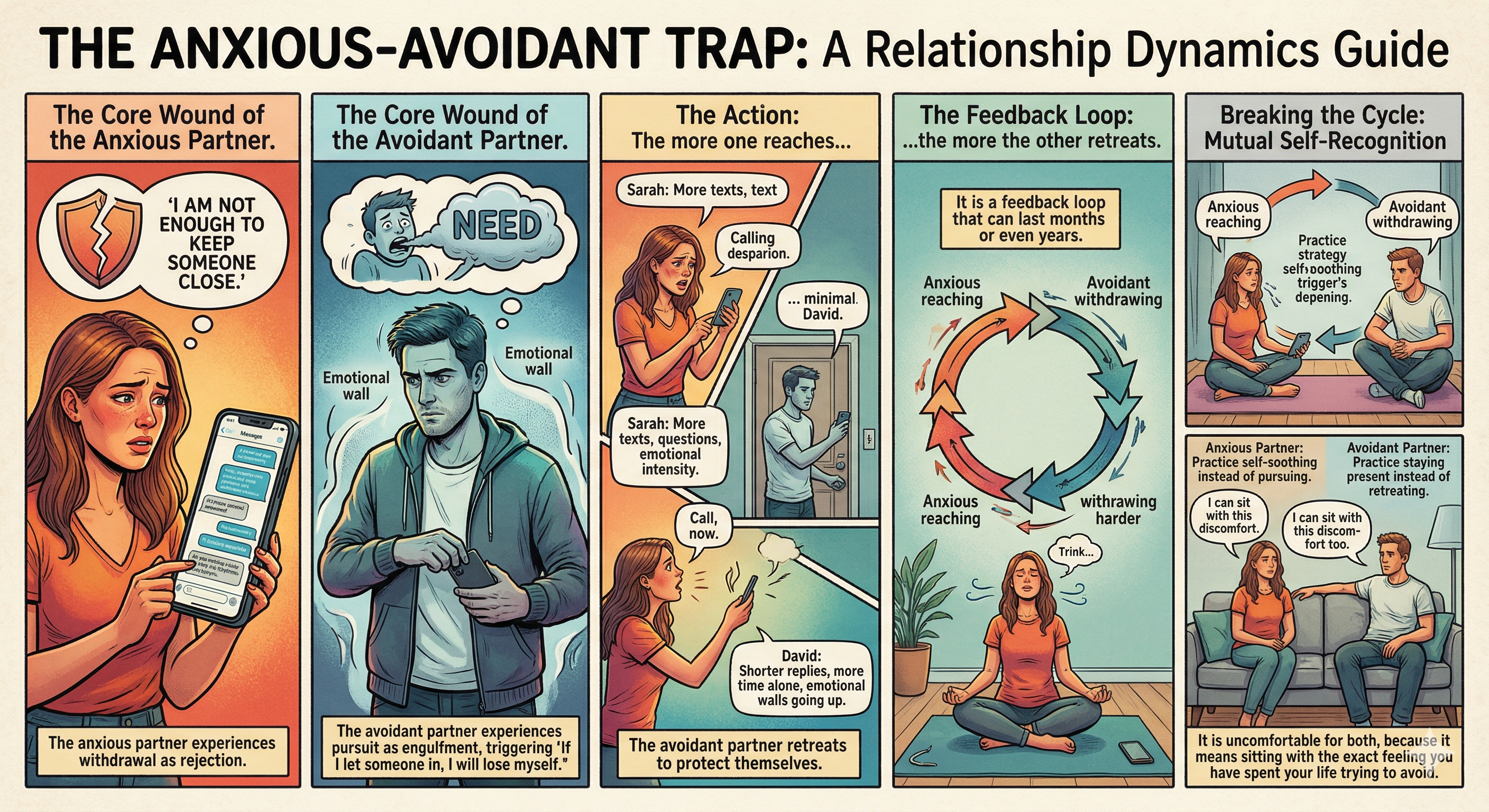 The Anxious-Avoidant Trap: A Relationship Dynamics Guide showing core wounds, the feedback loop, and how to break the cycle through mutual self-recognition