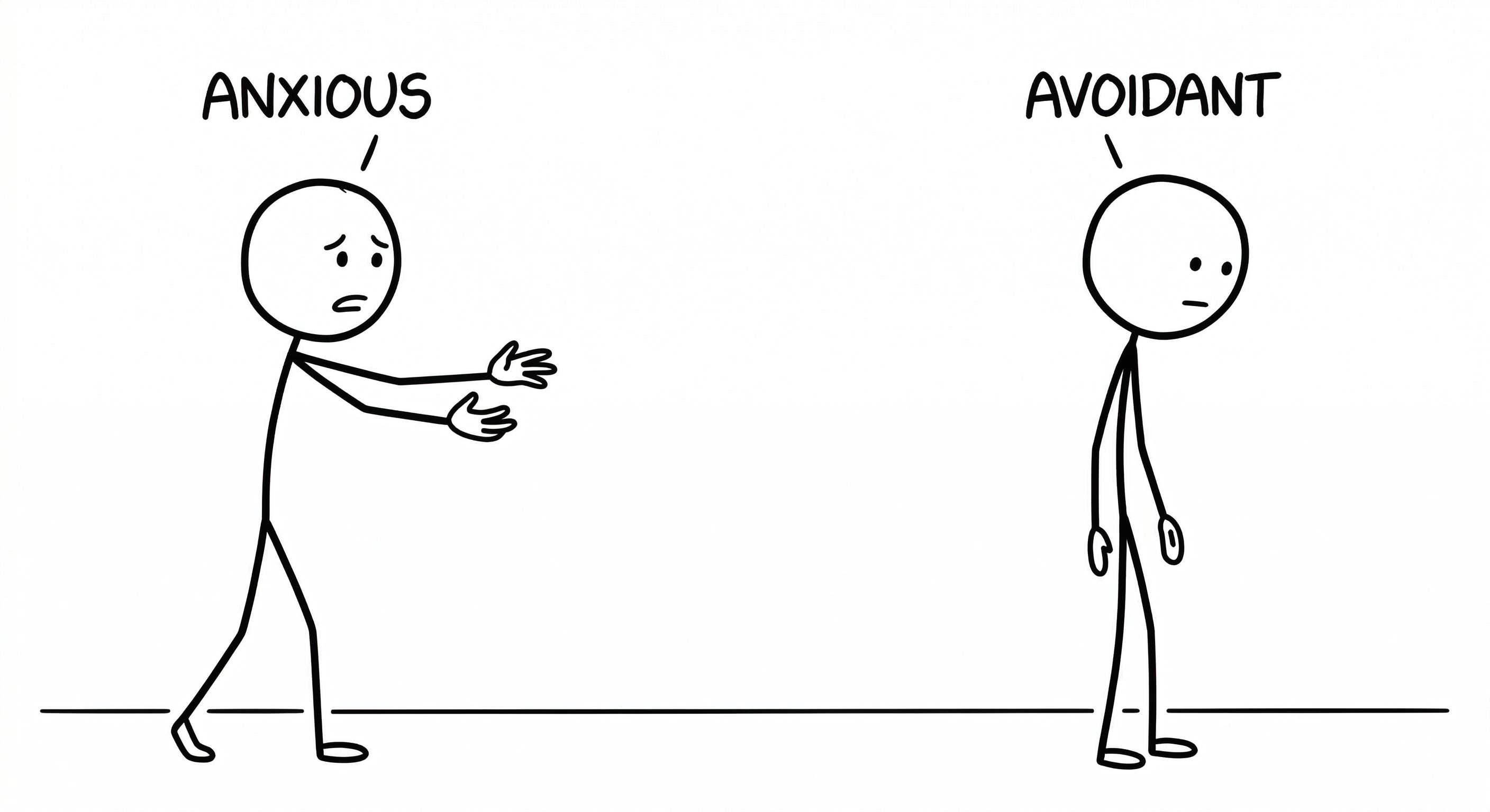 A stick figure labeled 'Anxious' reaching toward another stick figure labeled 'Avoidant' who is standing at a comfortable distance