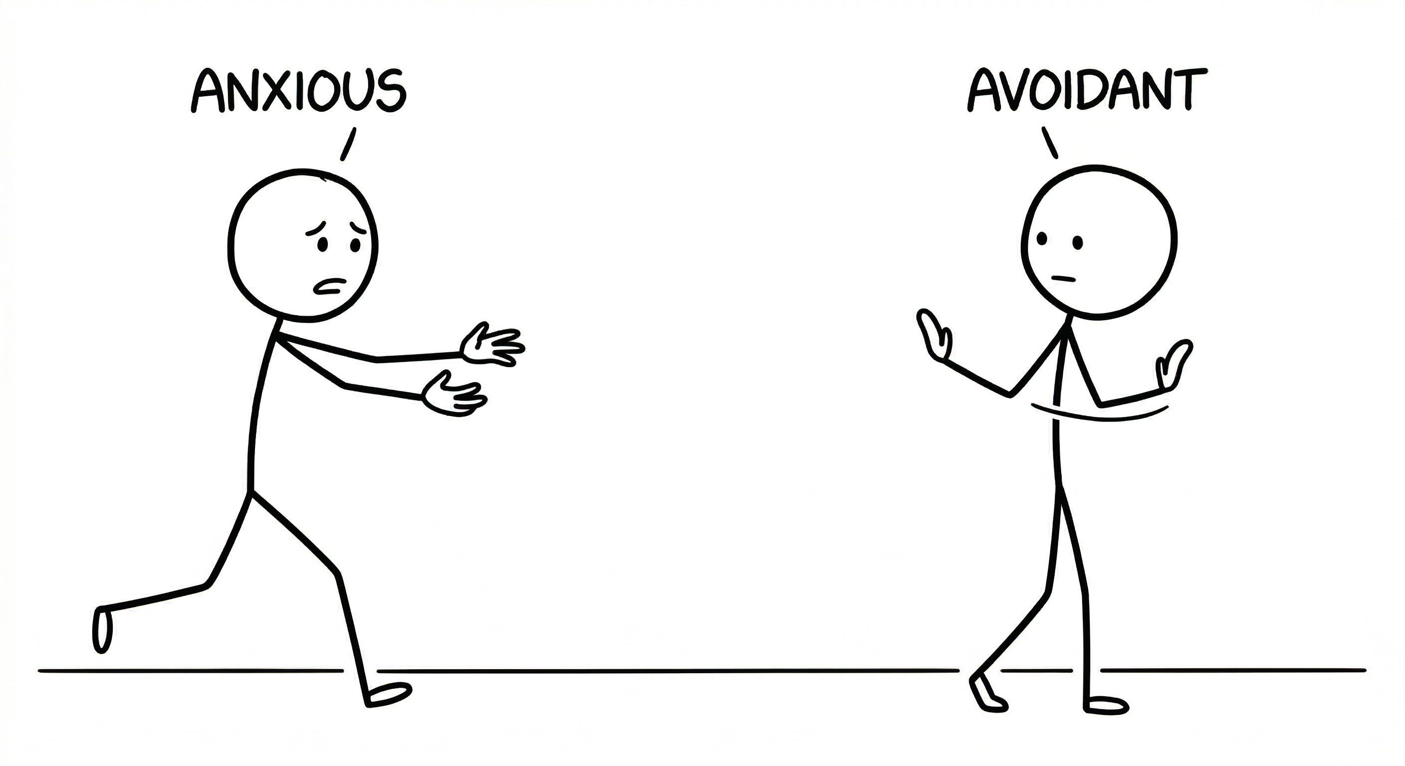 The Avoidant stick figure taking a step back with arms slightly raised, while the Anxious stick figure steps forward with outstretched arms