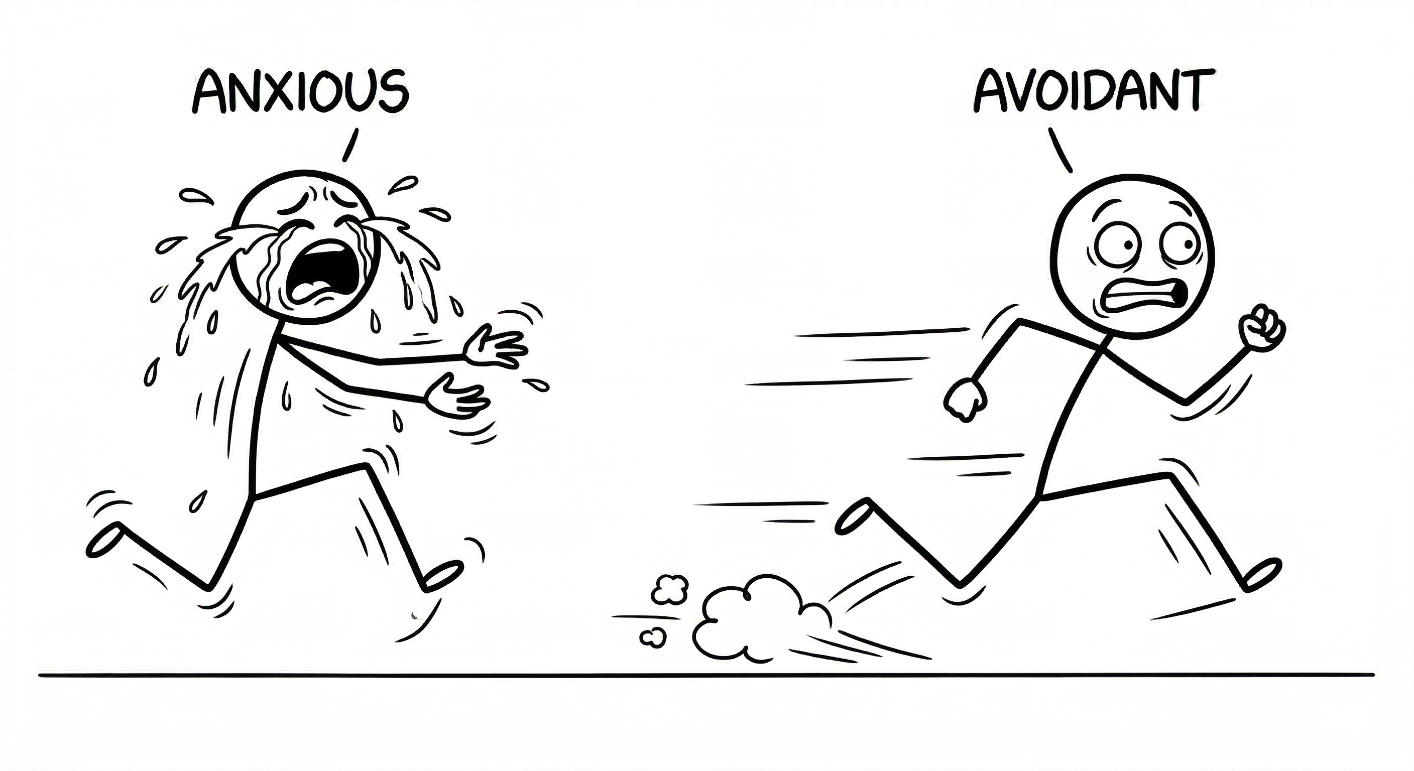The Anxious stick figure running with desperation lines while the Avoidant stick figure is sprinting away with a panicked expression