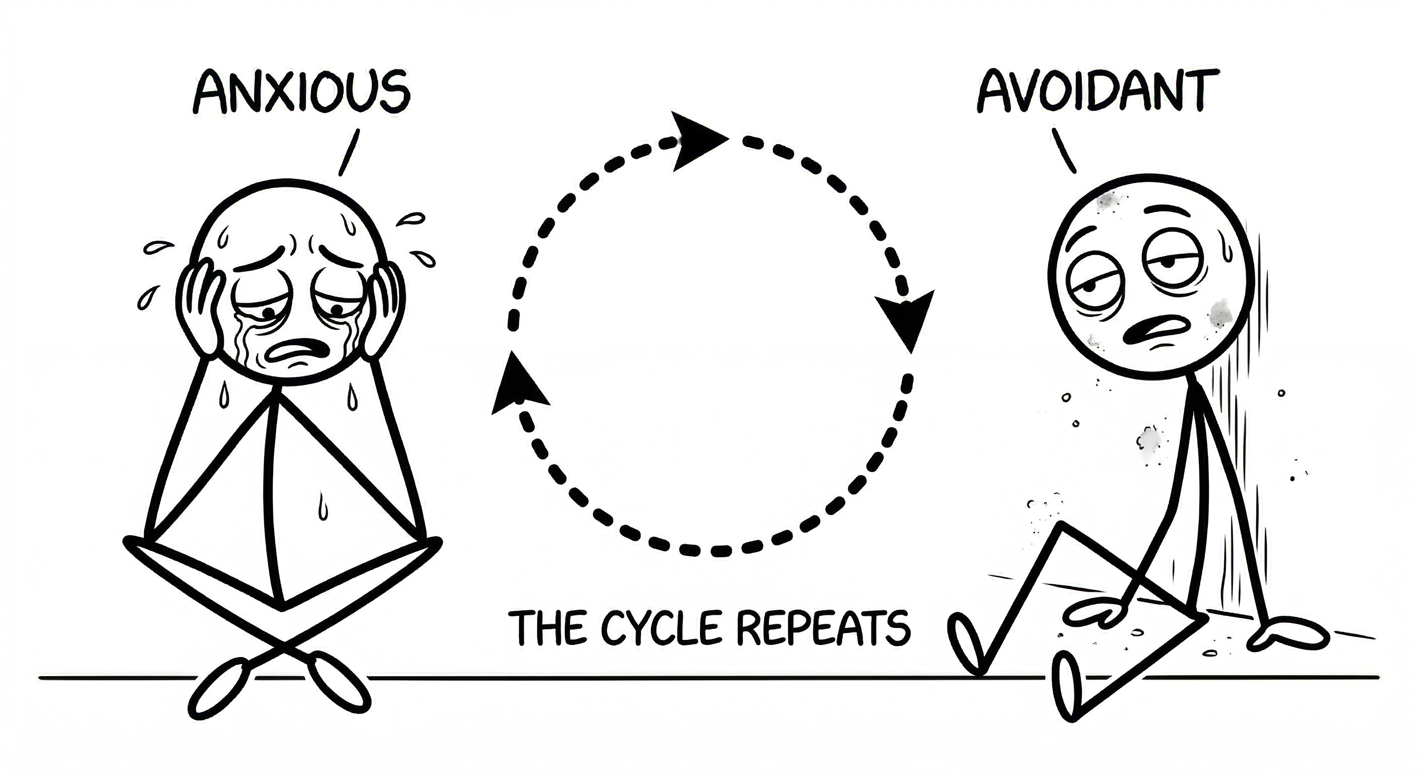 Both stick figures exhausted and sitting on opposite ends of the frame, with a dotted circular arrow between them indicating the cycle repeats