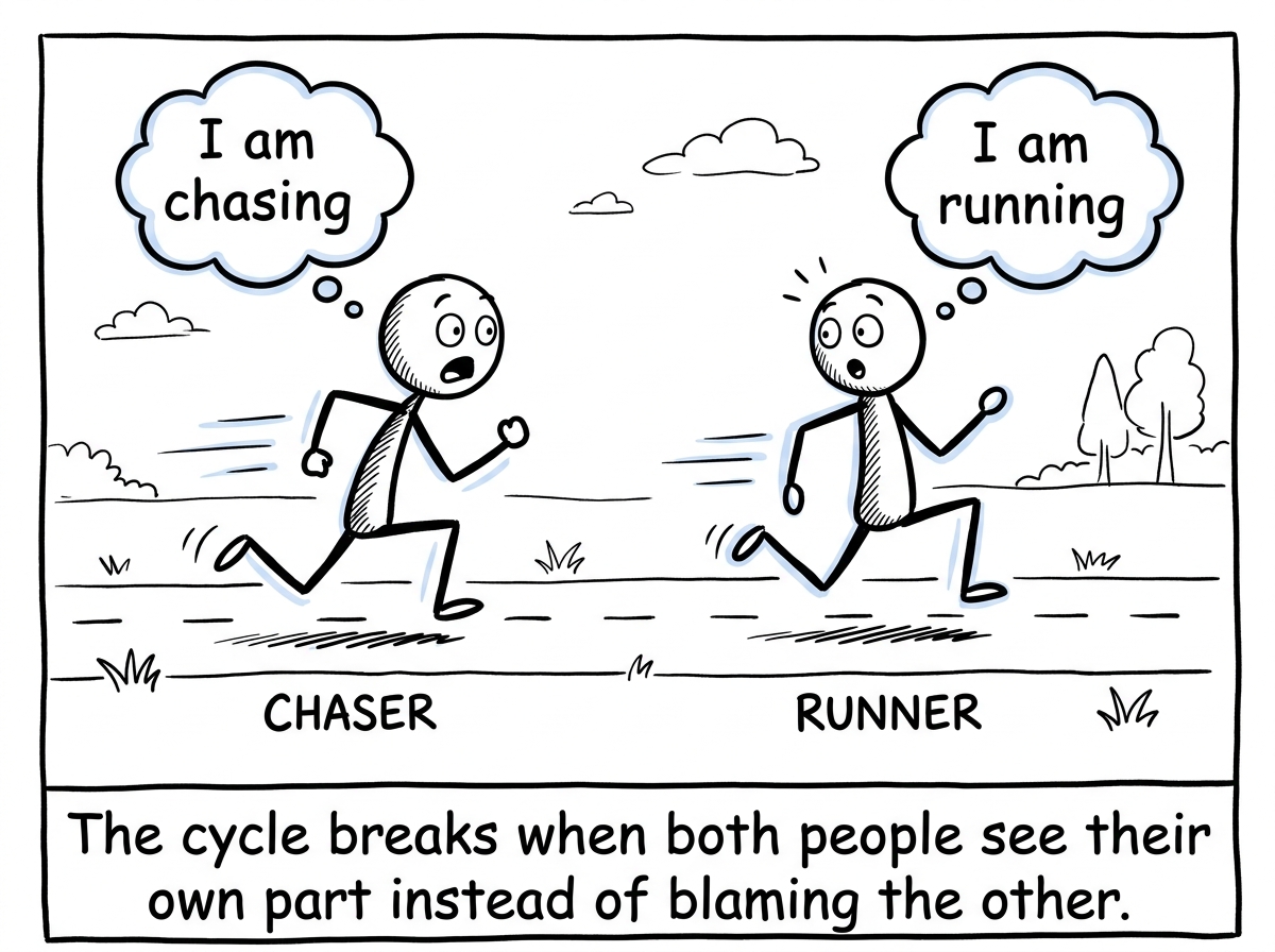 Both stick figures stopping mid-chase, each recognizing their own pattern with thought bubbles: 'I am chasing' and 'I am running'