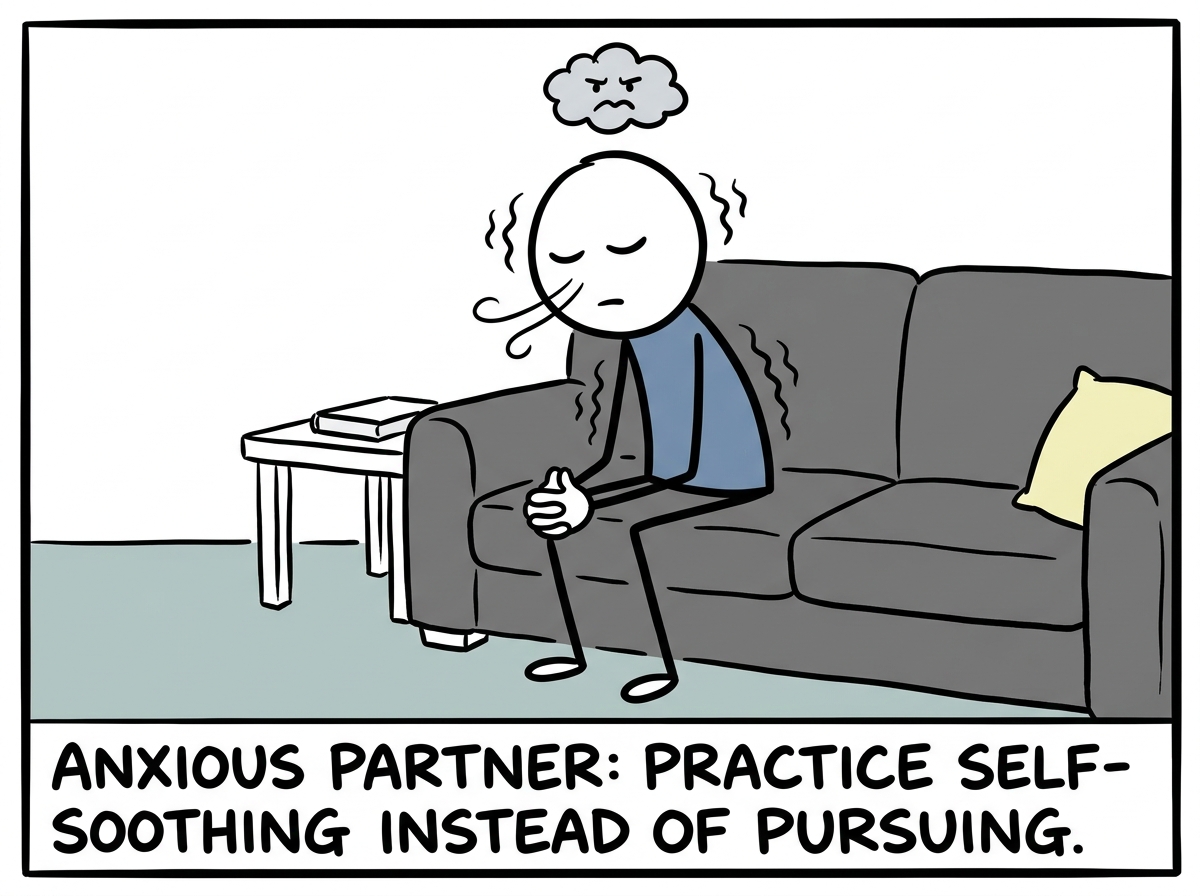 The anxious figure sitting with their discomfort instead of texting again, hands in lap, breathing slowly