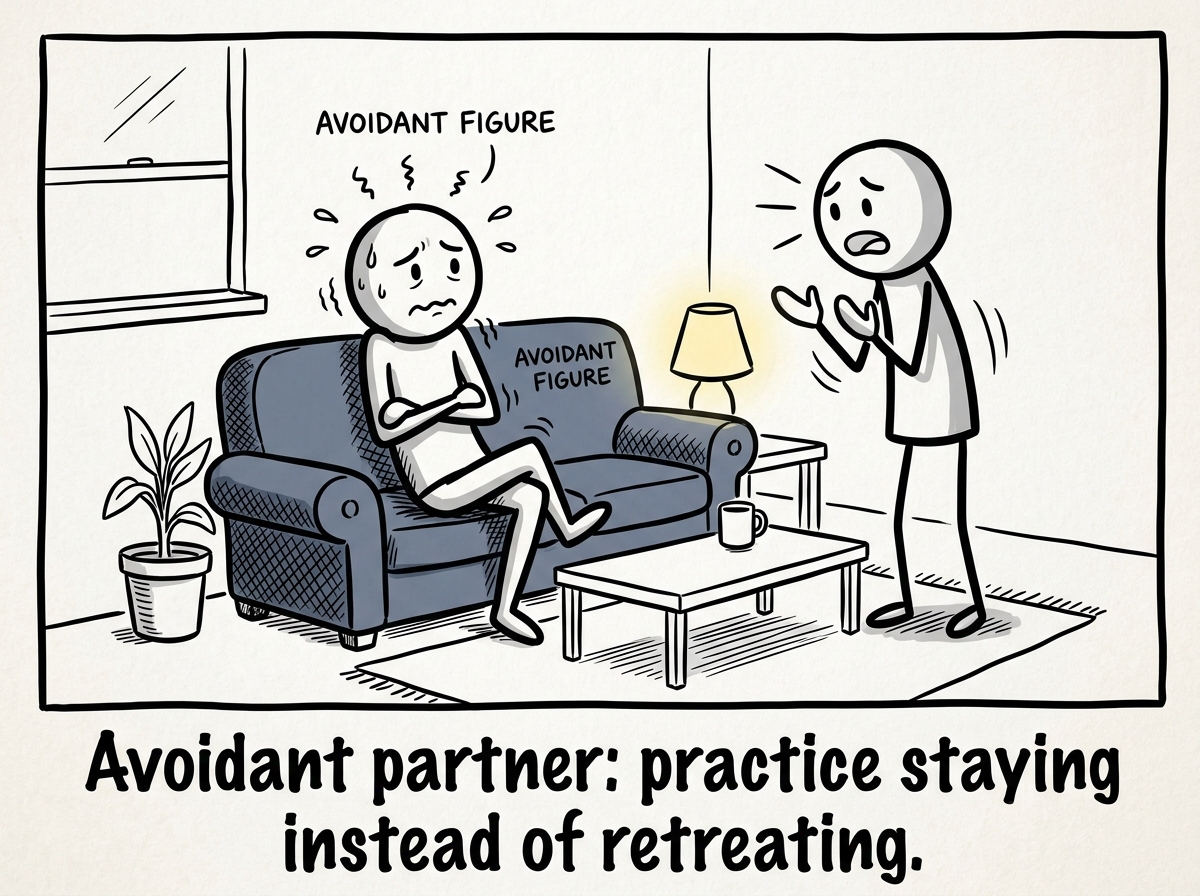 The avoidant figure staying on the couch during an emotional conversation instead of leaving the room, looking uncomfortable but present
