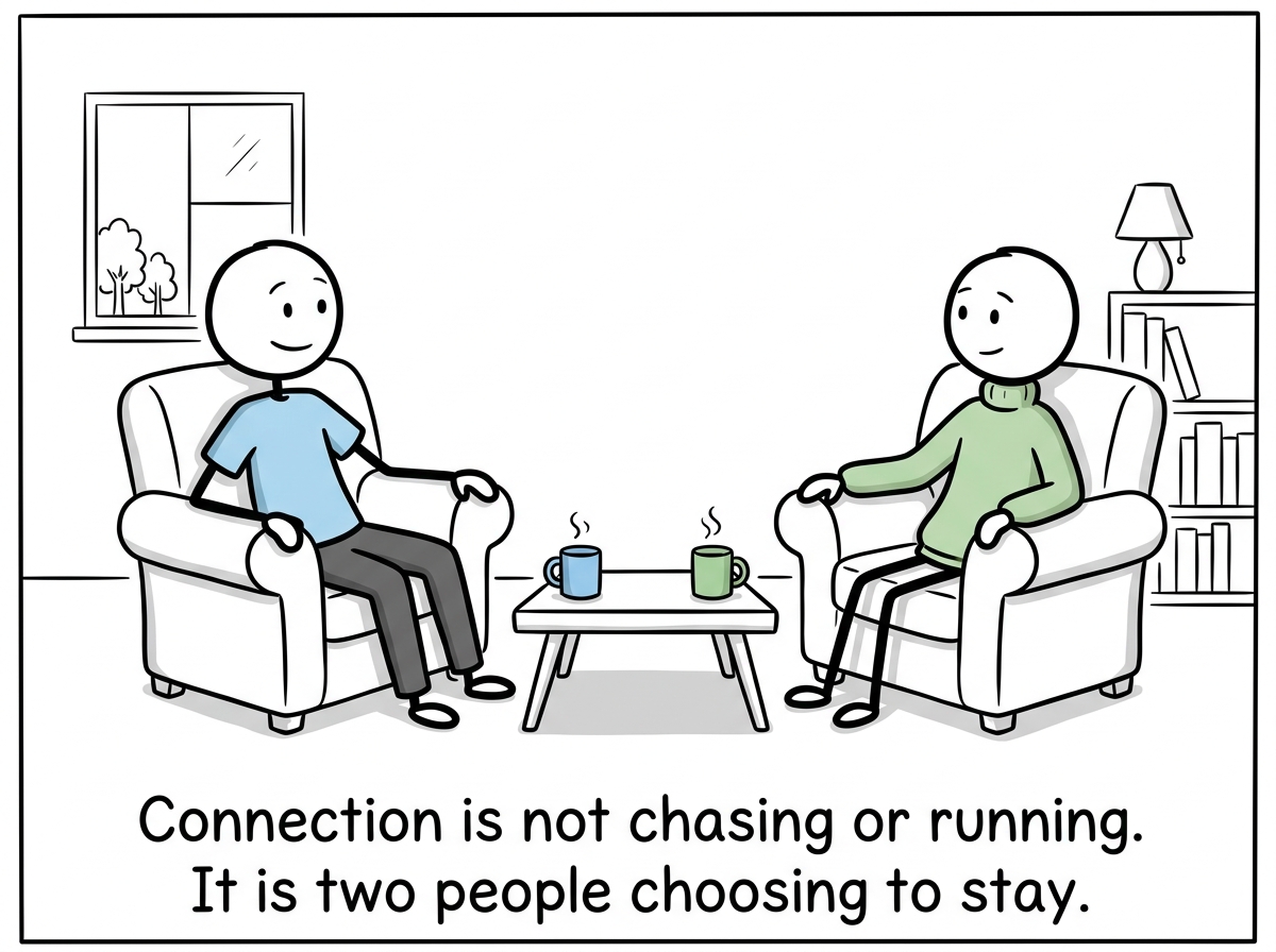 Both figures sitting at a comfortable distance, each with their own space but facing each other, tension replaced by calm