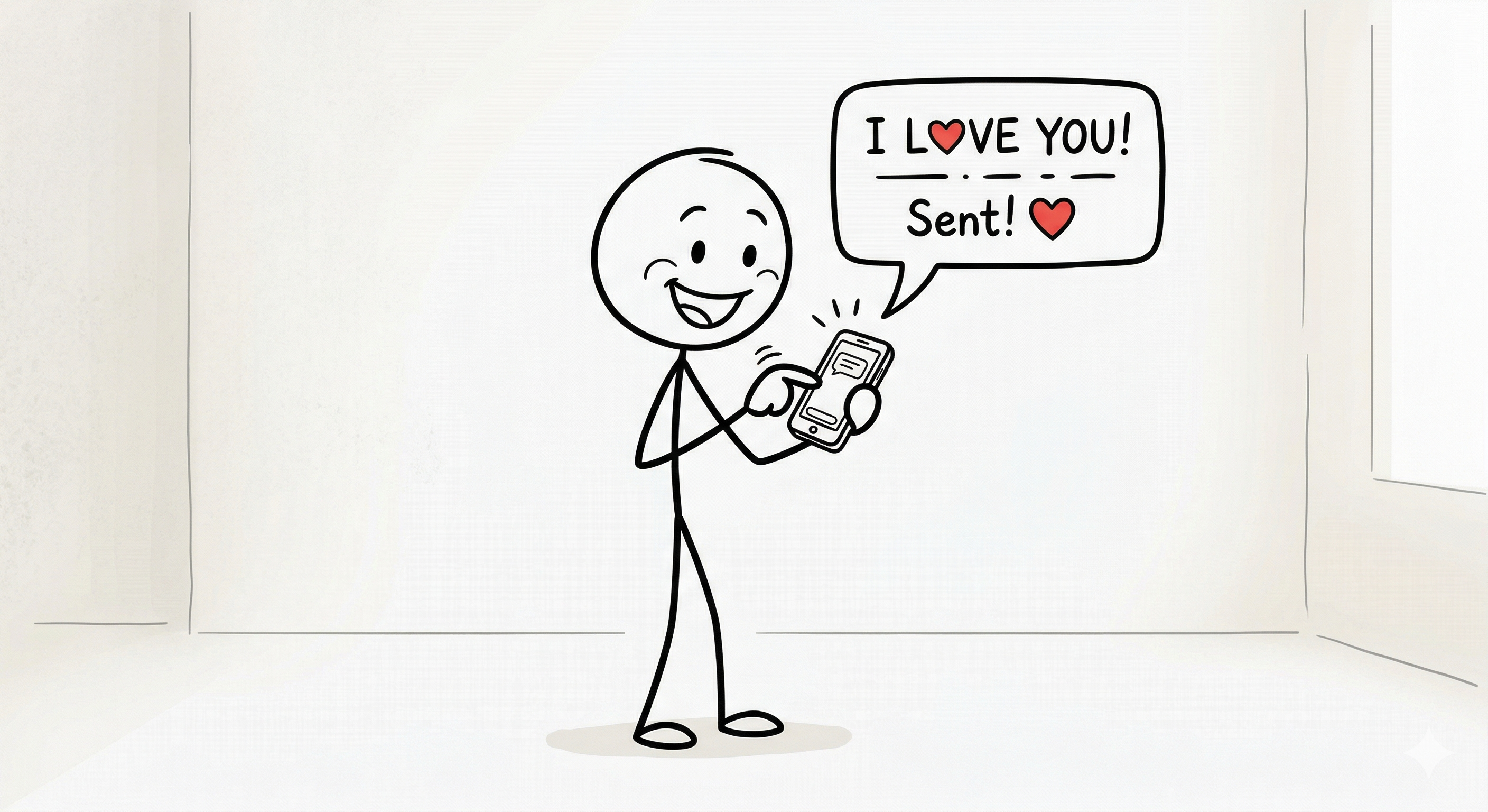 A stick figure smiling and sending a text message with a small heart icon
