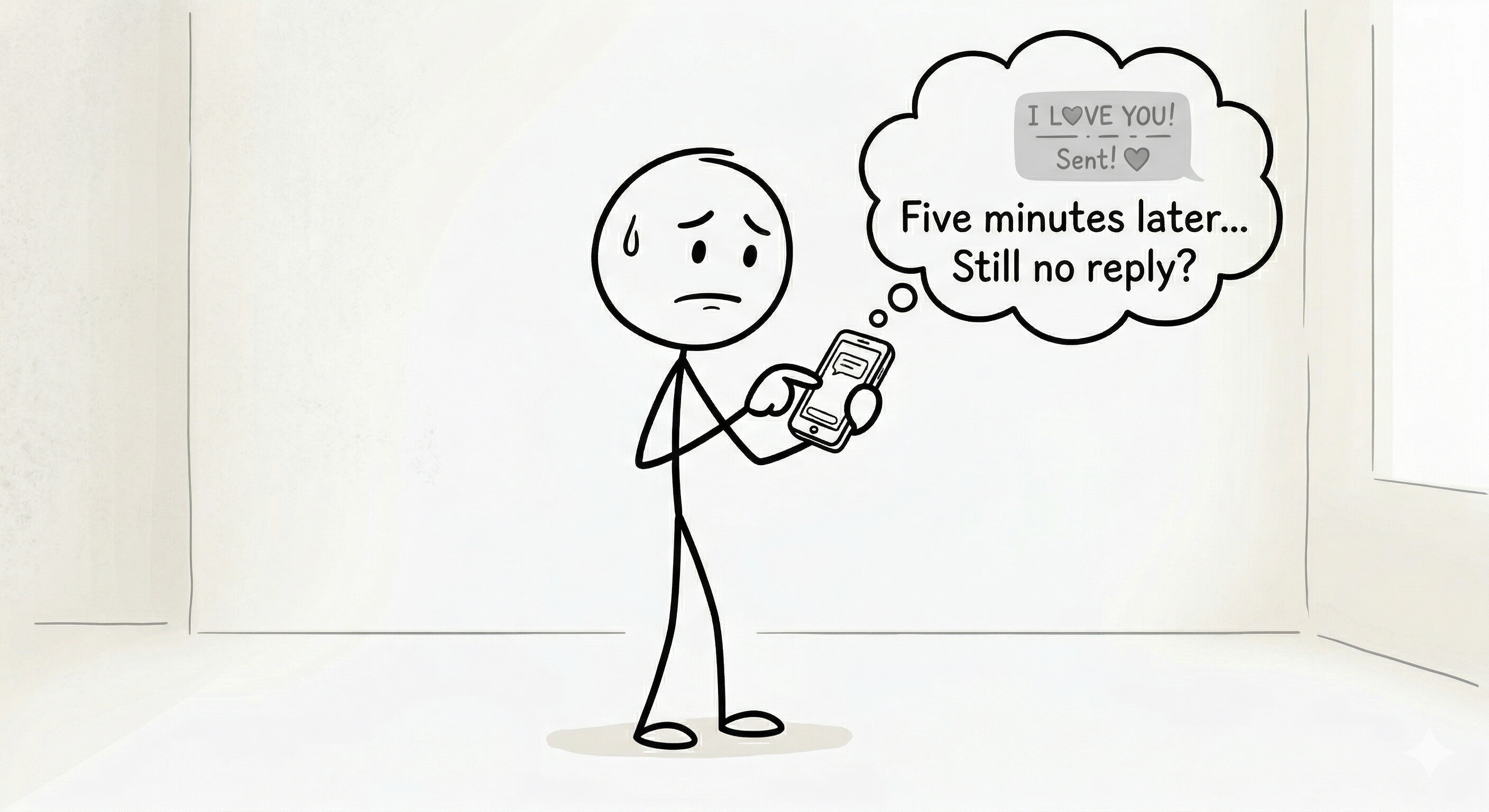 The same stick figure glancing at their phone five minutes later with a slightly worried expression