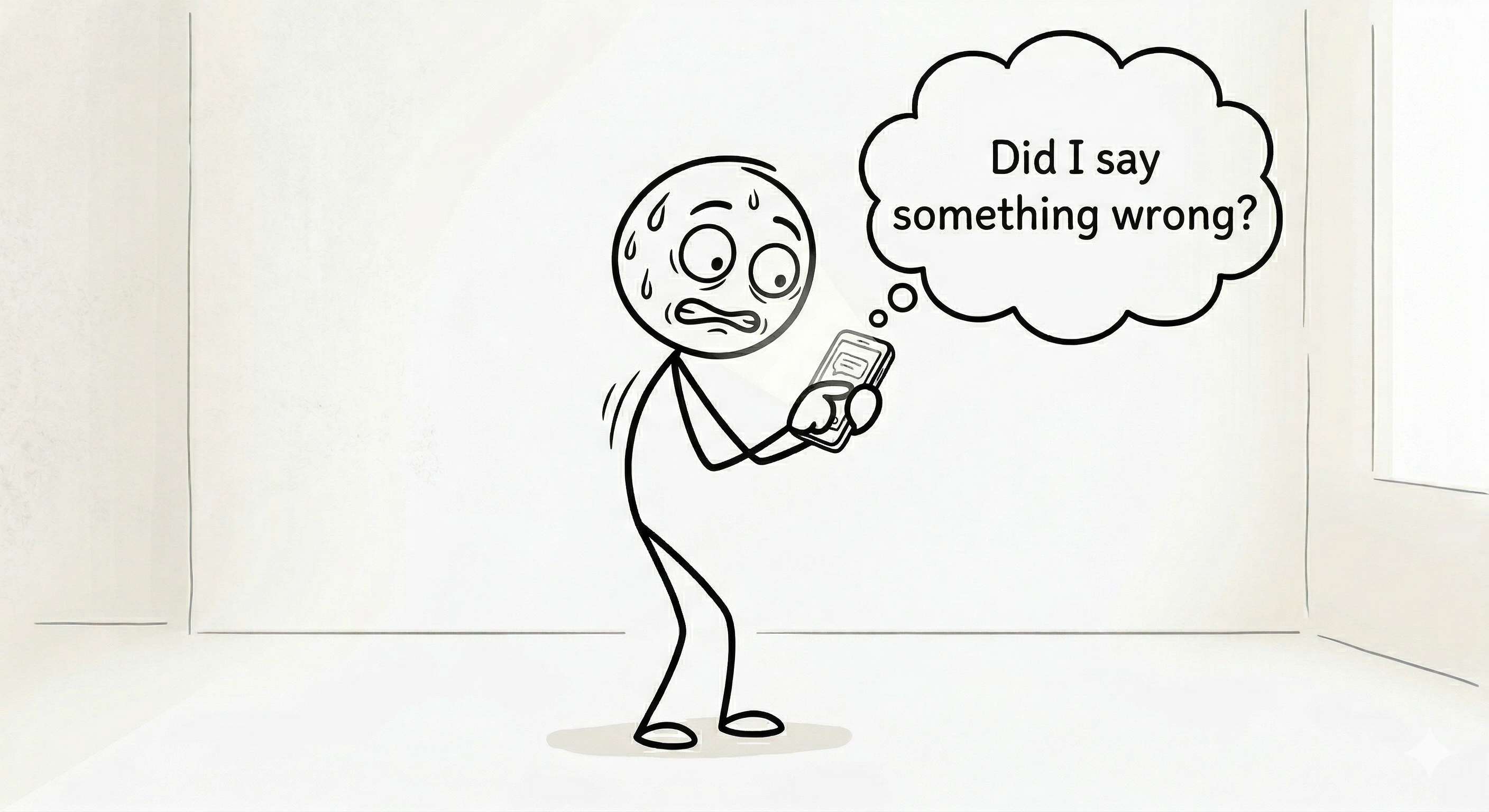 The stick figure hunched over their phone with wide eyes, sweat drops, and a thought bubble reading 'Did I say something wrong?'