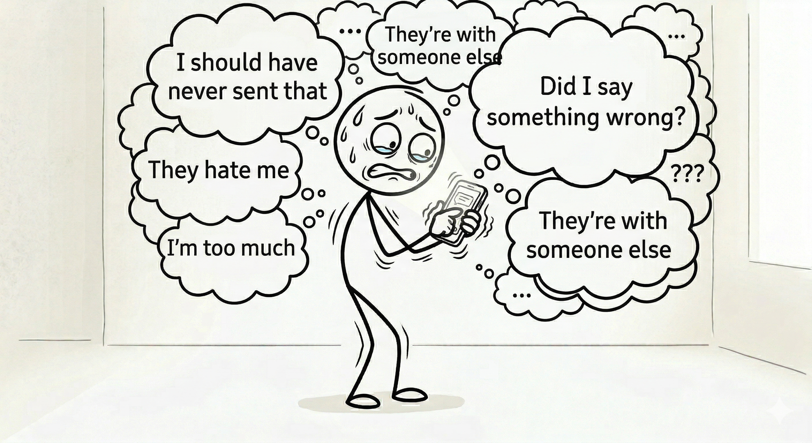 The stick figure surrounded by chaotic thought bubbles including 'They hate me,' 'I'm too much,' 'They're with someone else,' and 'I should have never sent that' while clutching their phone with both hands